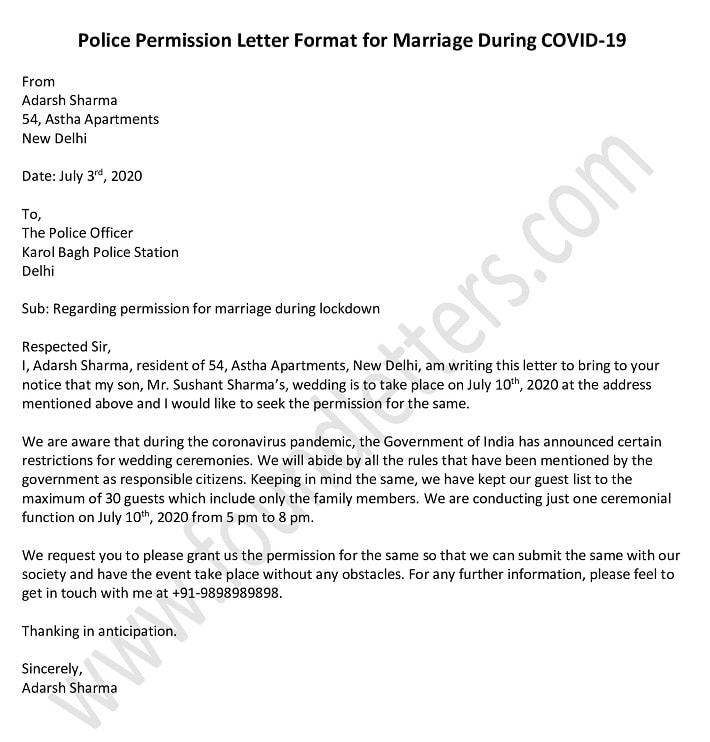 Police Permission Letter Format for Marriage in Lockdown (COVID-19)