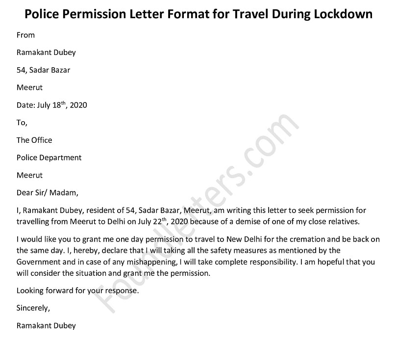 Police permission letter to travel during lockdown, COVID-19 permission Letter