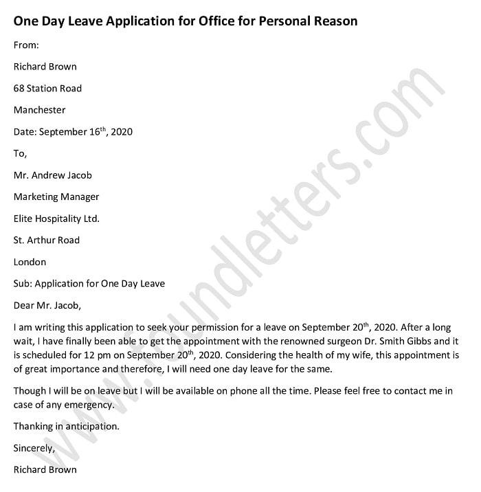 One day leave application for office for personal reason